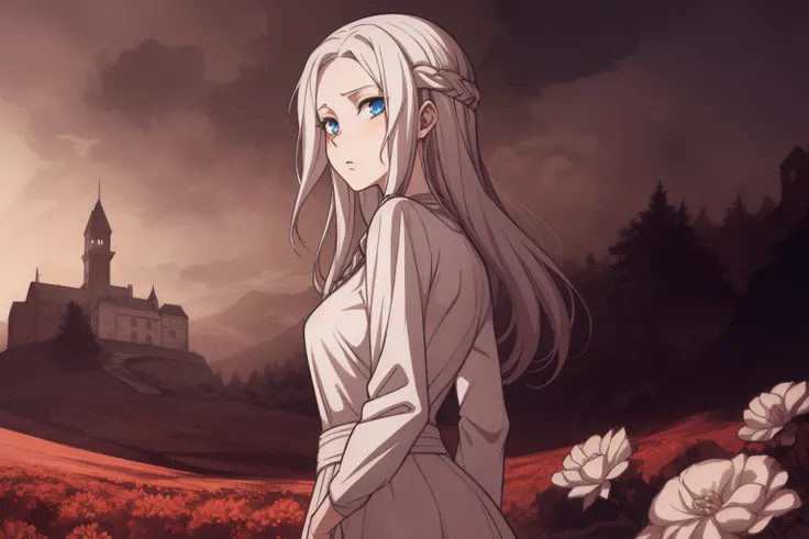 portrait, darkness, horror \(theme\), fog, sad, castle, bush, forest, 1girl, long hair, (white hair:1.1), headband, (blue eyes:1.2), skirt, serafuku, on grass, breasts, clouds, nature, field of tall flowers <lora:sambre_v6:0.6> sambre