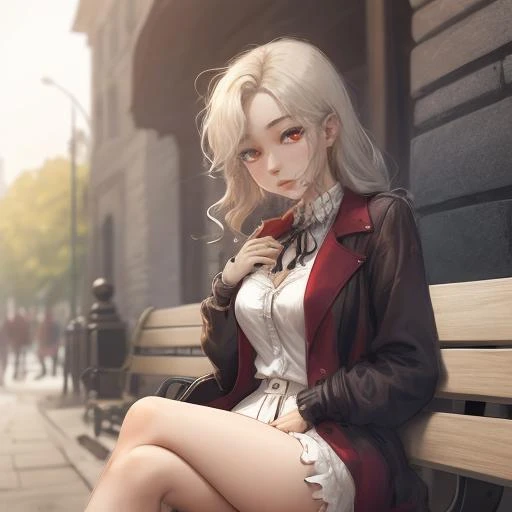1girl, sitting on park bench, blonde hair<lora:sambre_v6:0.75> Sambre
