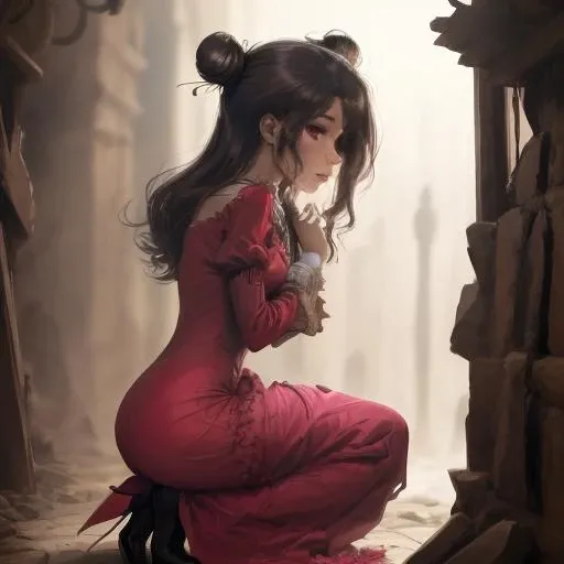 1girl kneeling in a gothic dungeon dressed in rags, bun hair<lora:sambre_v6:0.75> Sambre