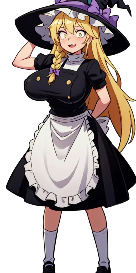 <lora:constricted_pupils_v0.2a:0.5> 1girl,(constricted pupils:1),<lora:char_uzuki__cookie__loha:1>, char_uzuki__cookie__loha,blonde hair,single braid, witch hat, black headwear,long maid dress,standing,(white background, simple background, full body:1),(gigantic breasts:1.3)
