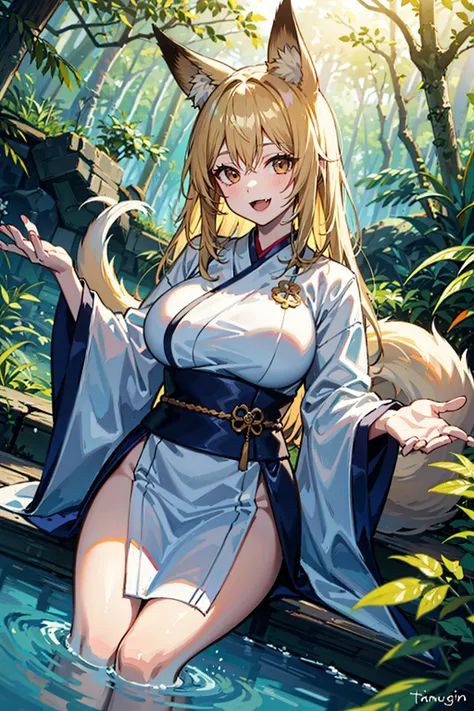 detailed background, 1girl, solo, blonde hair, brown eyes, fox ears, fox girl, hanfu, silk, long sleeves, open mouth, smile, fang, looking at viewer, (reaching:1.3), (milf:1.2), (mature female:1.2), (aged up:1.2), (large breasts:1.3),
BREAK,
lush mangrove forest, tangled roots, brackish water, diverse wildlife, dappled sunlight, gentle lapping waves, mysterious shadows