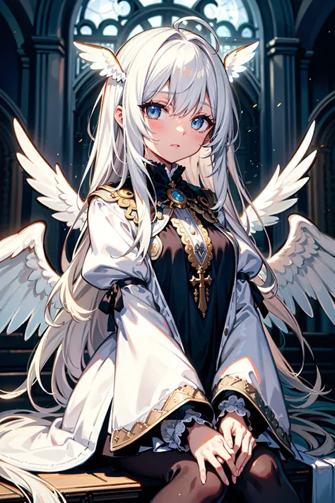 best quality, masterpiece, ultra-detailed, illustration, (beautiful detailed eyes), beautiful, amazing, detailed eyes, (detailed skin), (oily skin), 1girl,solo,angel girl, tattered church, rubble, scattered glass,white hair, long hair, fluttering hair, halo, ahoge, splendid priestly clothes, big wings, white wings, sit, waliza, hands between legs,looking up , particle , whole body, cowboy shot,moonlight, natural light,{{{{masterpiece}}}}, {{{hyper detailed}}}, {{{highres}}}, {{{8k}}}, {{perfect body}}, {{beautiful detailed eyes}}, {{colorful}}, {{vivid color}}