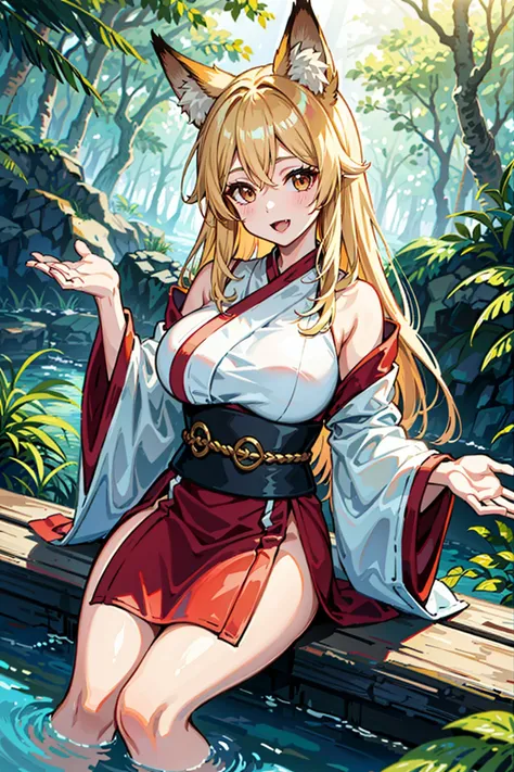 detailed background, 1girl, solo, blonde hair, brown eyes, fox ears, fox girl, hanfu, silk, long sleeves, open mouth, smile, fang, looking at viewer, (reaching:1.3), (milf:1.2), (mature female:1.2), (aged up:1.2), (large breasts:1.3),
BREAK,
lush mangrove forest, tangled roots, brackish water, diverse wildlife, dappled sunlight, gentle lapping waves, mysterious shadows