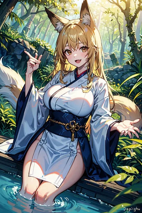 detailed background, 1girl, solo, blonde hair, brown eyes, fox ears, fox girl, hanfu, silk, long sleeves, open mouth, smile, fang, looking at viewer, (reaching:1.3), (milf:1.2), (mature female:1.2), (aged up:1.2), (large breasts:1.3),
BREAK,
lush mangrove forest, tangled roots, brackish water, diverse wildlife, dappled sunlight, gentle lapping waves, mysterious shadows