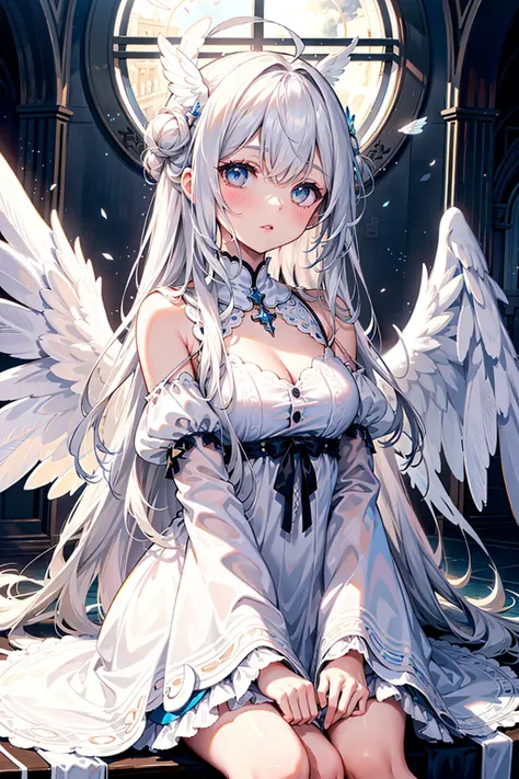 best quality, masterpiece, ultra-detailed, illustration, (beautiful detailed eyes), beautiful, amazing, detailed eyes, (detailed skin), (oily skin), 1girl,solo,angel girl, tattered church, rubble, scattered glass,white hair, long hair, fluttering hair, halo, ahoge, splendid priestly clothes, big wings, white wings, sit, waliza, hands between legs,looking up , particle , whole body, cowboy shot,moonlight, natural light,{{{{masterpiece}}}}, {{{hyper detailed}}}, {{{highres}}}, {{{8k}}}, {{perfect body}}, {{beautiful detailed eyes}}, {{colorful}}, {{vivid color}}