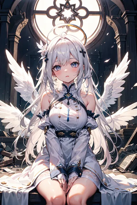 best quality, masterpiece, ultra-detailed, illustration, (beautiful detailed eyes), beautiful, amazing, detailed eyes, (detailed skin), (oily skin), 1girl,solo,angel girl, tattered church, rubble, scattered glass,white hair, long hair, fluttering hair, halo, ahoge, splendid priestly clothes, big wings, white wings, sit, waliza, hands between legs,looking up , particle , whole body, cowboy shot,moonlight, natural light,{{{{masterpiece}}}}, {{{hyper detailed}}}, {{{highres}}}, {{{8k}}}, {{perfect body}}, {{beautiful detailed eyes}}, {{colorful}}, {{vivid color}}