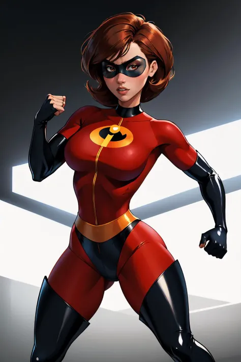 (masterpiece,best quality,absurdres),fighting stance,helenparr,domino mask, mask, bodysuit, elbow gloves, thighhighs, thigh boots <lora:helenparr-guy-v3:0.8>