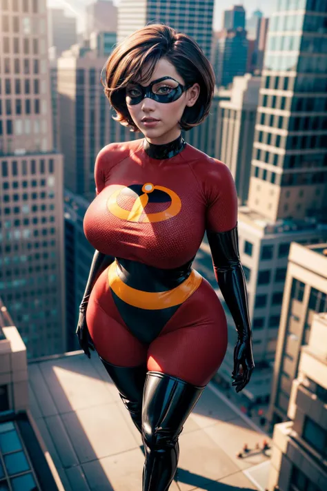 1girl, solo, helen parr, brown eyes, domino mask, looking at viewer, futuristic bodysuit, wide hips, outside, city, neon light