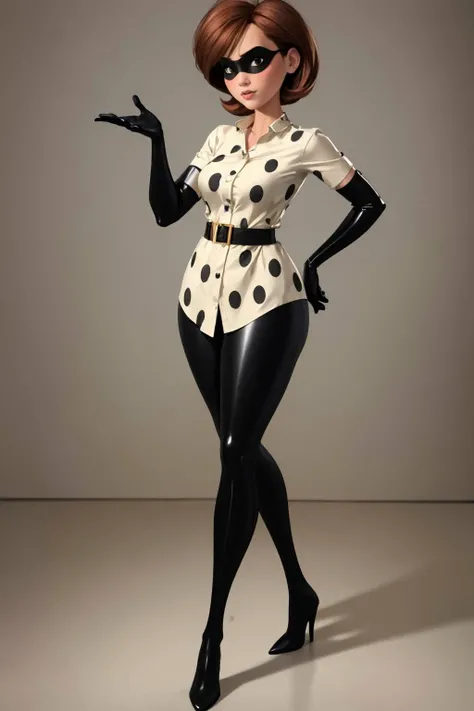 masterpiece, best quality, feminine pose, <lora:helenparr-guy-v3:.95> helenparr, domino mask, mask, bodysuit, elbow gloves, thighhighs, thigh boots, polka dot, collared shirt, dress shirt, buttons, black pants, nervous