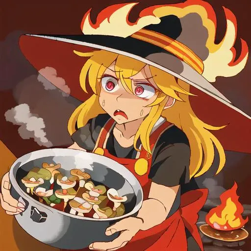 ((huge fire)) coming from pan, cooking mushrooms, kirisame marisa, witch hat, ((panic)), small iris, surprised, scared, cooking, kitchen, natural lighting <lora:zeldaCDIStyleLora_256Dim:0.6>
