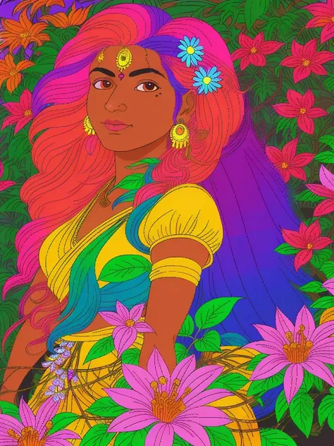 a beautiful indian girl with locks of long multicolored hair in lush jungle with flowers, teletext old style, sun rays through rainbow flowers, masterpiece, best quality, high contrast, (limited color palette promotional art, 1993 screenshot well shaded, realism pink, imperfectionism, refined shadow,<lora:zeldaCDIStyleLora_256Dim:0.3> vga 256 color