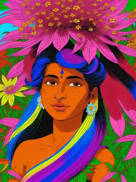 a beautiful indian girl with locks of long multicolored hair in lush jungle with flowers, teletext old style, sun rays through rainbow flowers, masterpiece, best quality, high contrast, (limited color palette promotional art, 1993 screenshot well shaded, realism pink, imperfectionism, refined shadow,<lora:zeldaCDIStyleLora_256Dim:0.3> vga 256 color