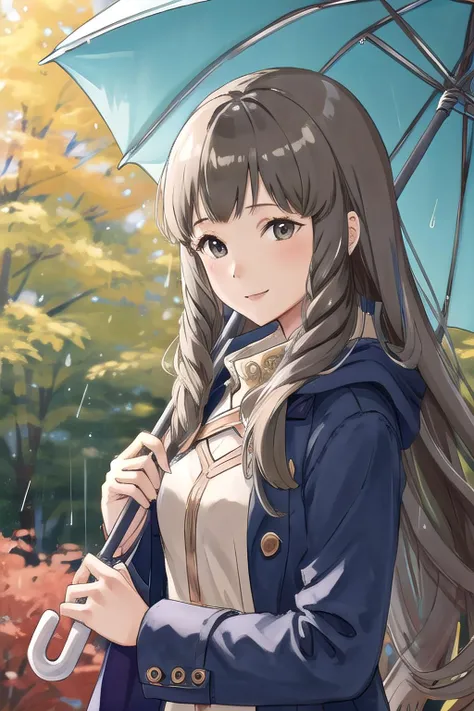 <lora:sumia-nvwls-v1:0.8>, sumia, 1girl, solo, looking at viewer, smile, overcoat, forest background, autumn, jeans, umbrella, holding umbrella, rain, upper body, <lyco:harunn-fef:0.6>