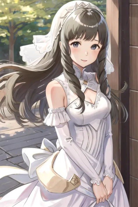 <lora:sumia-nvwls-v1:0.8>, sumia, 1girl, solo, looking at viewer, smile, wedding dress, bride, white dress, bridal veil, standing, upper body, <lyco:harunn-20:0.8>
