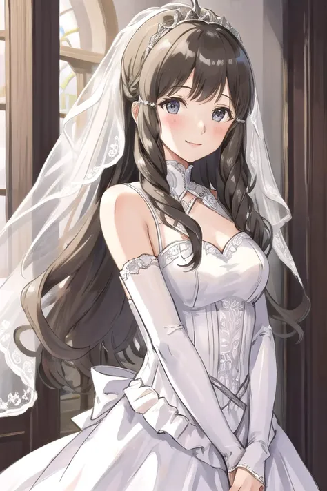 <lora:sumia-nvwls-v1:0.8>, sumia, 1girl, solo, looking at viewer, smile, wedding dress, bride, white dress, bridal veil, standing, upper body