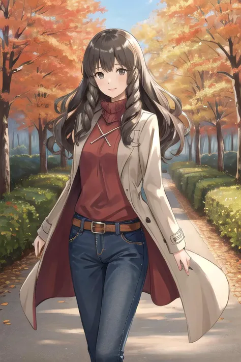 <lora:sumia-nvwls-v1:0.8>, sumia, 1girl, solo, looking at viewer, smile, overcoat, forest background, autumn, jeans