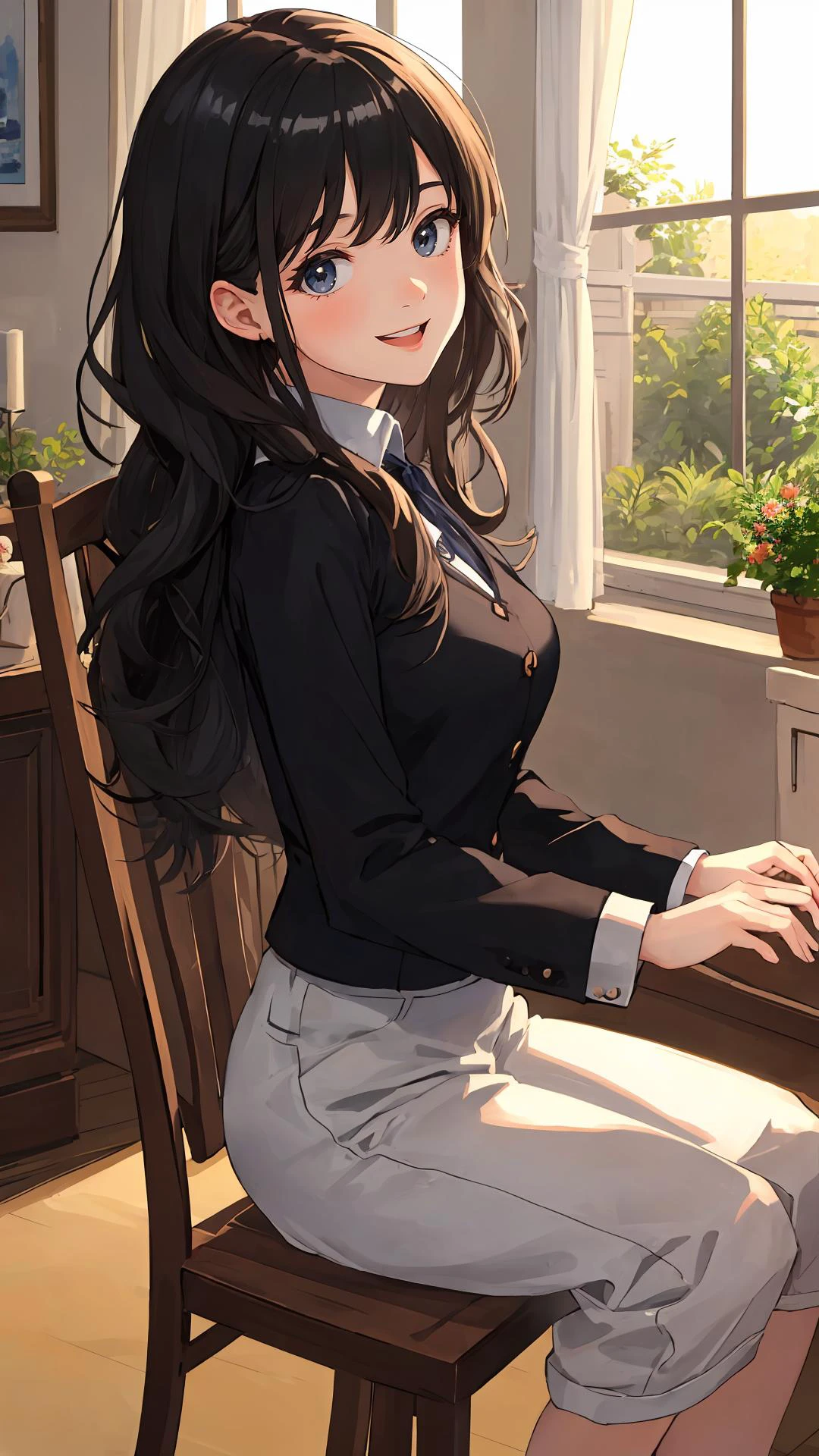 looking at viewer, (masterpiece:1.4), (best quality:1.4), indoors, sitting, {long hair|short hair}, (wavy hair:0.9), (happy face),
sunlight, shiny skin, black hair, {day|dawn|night|mornig},