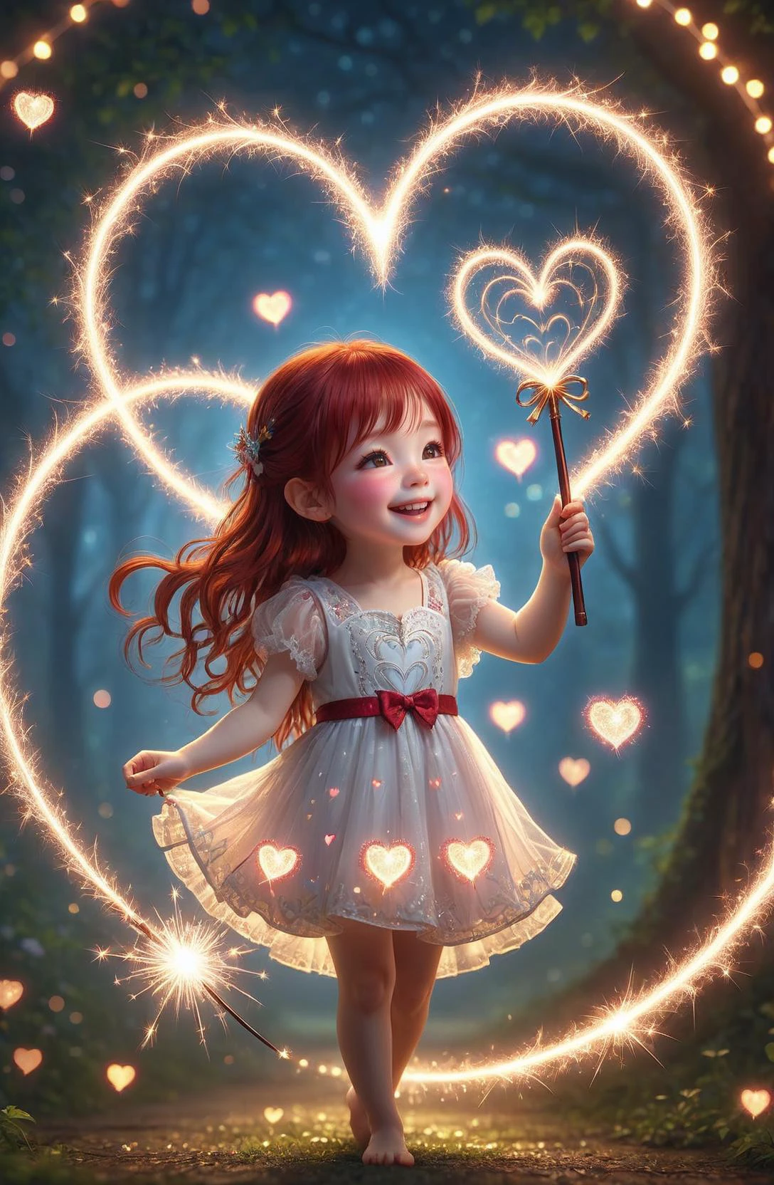 amazing quality, masterpiece, best quality, hyper detailed, ultra detailed, UHD, DOF, depth of field, HDR, perfect anatomy,
cute, kawaii, dark red hair, joyfully plays with fairy wand, waving it in the air, wearing white dress, spark hearts, dancing,
translucent, dazzling, shine, sparking, trajectory of sparks, drawing hearts, several hearts, multi hearts, overlapping hearts, continuously hearts, heart above fairy wand,
<lora:cfc-spark-dragon-000006:0.6>,
<lora:add-detail-xl:0.75>,
<lora:extremely_detailed:0.75>, extremely detailed,
<lora:EnvyBetterHiresFixXL01:1.0>,
<lora:DonM3t3rn1tyXL-v1.1-000008:0.6>, DonM3t3rn1tyXL,