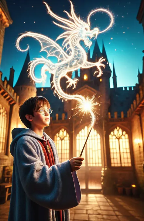 amazing quality, masterpiece, best quality, hyper detailed, ultra detailed, UHD, DOF, depth of field, HDR, perfect anatomy,
Harry potter using wand, wearing wizard robe,( outside castle:1.2), Hogwarts, chandelier, waving wand, a dragon near wand, dragon, magic, wide-angle lens, sparking, 
<lora:cfc-spark-dragon-000006:0.65>,
<lora:add-detail-xl:0.75>,
<lora:extremely_detailed:0.75>, extremely detailed,
<lora:EnvyBetterHiresFixXL01:0.75>,
<lora:DonM3t3rn1tyXL-v1.1-000008:0.6>, DonM3t3rn1tyXL,
SK_Fantasy,