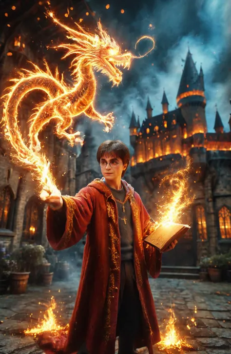 amazing quality, masterpiece, best quality, hyper detailed, ultra detailed, UHD, perfect anatomy, super realistic,
a fullbody shot of Harry potter wearing wizard robe, casting fire magic spells, castle in background,
flame dragon above one hand, spellbook in one hand,
<lora:Fantasy_Wizard__Witches_SDXL:0.75>, hkmagic,
<lora:cfc-spark-dragon-000006:0.6>,
<lora:add-detail-xl:0.8>,
<lora:EnvyBetterHiresFixXL01:0.8>,
<lora:extremely_detailed:0.8>, extremely detailed,