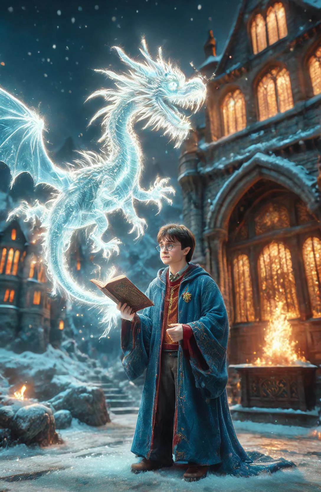 <lora:Fantasy_Wizard__Witches_SDXL:0.75>, hkmagic,
amazing quality, masterpiece, best quality, hyper detailed, ultra detailed, UHD, perfect anatomy, super realistic,
a fullbody shot of Harry potter wearing wizard robe, casting ice magic spells, castle in background,
ice dragon above one hand, spellbook in one hand, snow land,
<lora:cfc-spark-dragon-000006:0.6>,
<lora:add-detail-xl:0.8>,
<lora:EnvyBetterHiresFixXL01:0.8>,
<lora:extremely_detailed:0.8>, extremely detailed,
<lora:DonM3t3rn1tyXL-v1.1-000008:0.6>, DonM3t3rn1tyXL,
