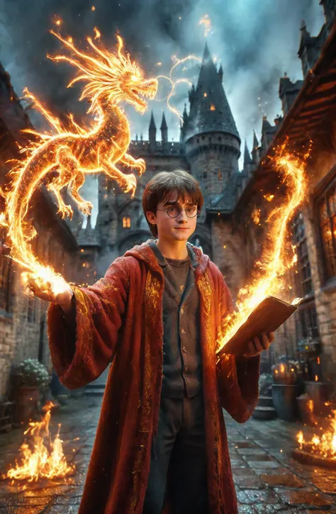 amazing quality, masterpiece, best quality, hyper detailed, ultra detailed, UHD, perfect anatomy, super realistic,
a fullbody shot of Harry potter wearing wizard robe, casting fire magic spells, castle in background, 
flame dragon above one hand, spellbook in one hand,
<lora:Fantasy_Wizard__Witches_SDXL:0.75>, hkmagic,
<lora:cfc-spark-dragon-000006:0.6>,
<lora:add-detail-xl:0.8>,
<lora:EnvyBetterHiresFixXL01:0.8>,
<lora:extremely_detailed:0.8>, extremely detailed,