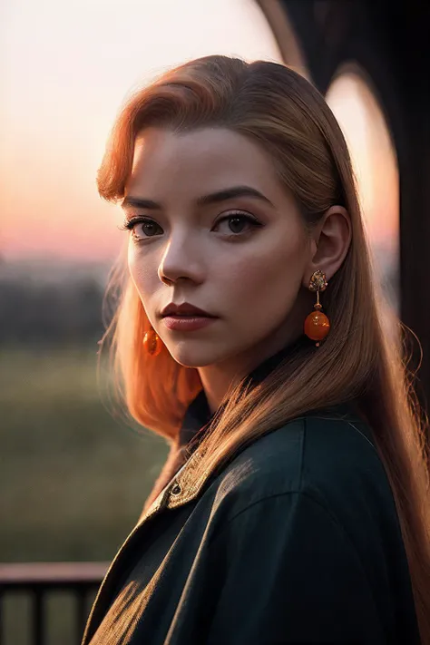 photo of AnyaT_SoloTI_v1,
a beautiful woman, perfect hair, (modern photo, Tiger Orange yellow raincoat:1.1), closeup portrait, 85mm, (analog, cinematic, film grain, hazy atmosphere:1.3), ((outside, rivendell background, sunset:1.2)), detailed eyes, (painted lips), (seductive), (looking at viewer), earrings, (cinematic shot:1.3)
