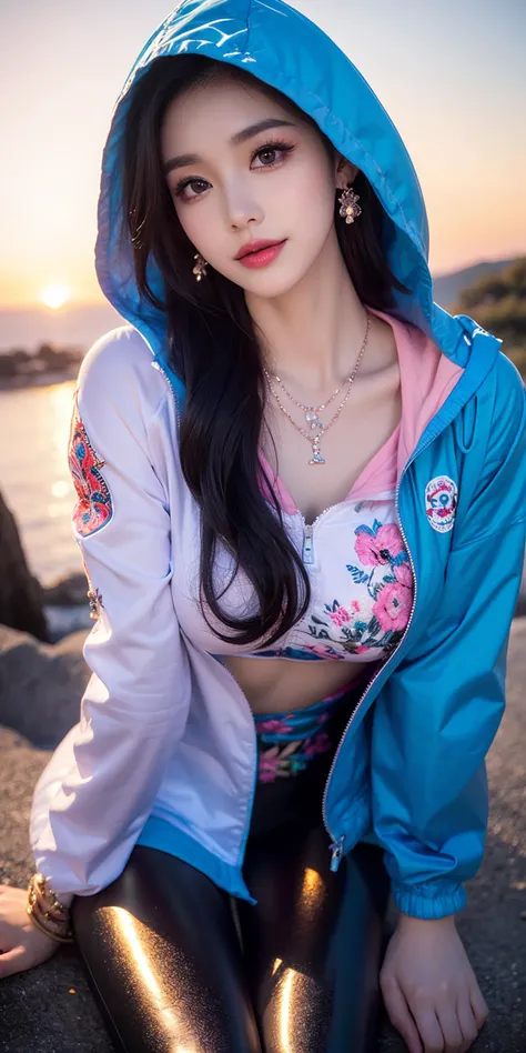 (Canon RF85mm f/1.2,best quality,HDR,Realisticity:1.4,(realistic light and shadow):1.5,Cinematic Lighting),(1 girl,korean mixed,kpop idol:1.2,beautiful long_Slender_legs),(long_brown_wavy_hair),(lipstick,pink lips,pink_shiny_lips,pink_eyeshadow,eyelashes,powder_blusher,make-up),(white_shiny_skin,black eyes,Pore,skin texture,shiny),(necklace,earrings,bracelet,floral_tattoo on arm),big breasts,smile,dynamic angle,Dynamic pose,((Enchanting viewpoint, summer, Captivating sunsets, Cliffs)),((Hooded windbreaker,Embroidered patterned leggings)),