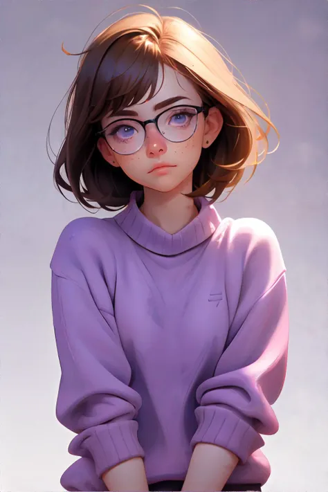 <lora:tiredexpression:1.00>, Tired_Expression, <lora:bzl:0.8>, bzl_test, short brown hair, (blue|grey) eyes, glasses, (freckles:0.4), purple sweater, simple background || masterpiece, 8k, high resolution, shallow depth of field, sharp focus