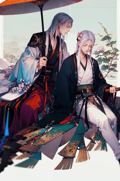 hanfu, long hair, chinese clothes, holding, 1girl, hair ornament, 1boy, umbrella, flower, weapon, sitting, black hair, closed eyes, hair flower, sword, long sleeves, white hair, holding weapon, fruit, robe, holding sword, closed mouth, wide sleeves