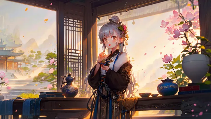 masterpiece, best quality, extremely detailed, detailed background, detailed face, 1girl , [Silver hair], [brown eyes], [straight hair|wavy hair], (messy hair, fluffy hair, long hair:1.1), scenery, atmospheric lighting, light rays,sparkle, red lips, hanfu,chinese clothes,flower, jewelry,petals, wide sleeves, glowing, light particles,standing,<lora:shanzhagaoSomeSortOf_v1Epoch10:1>,hair ornament,hair bun,bright ,sun,plant,East Asia Architecture,Pond, grey rockery, pavilion,summer,water,child,potted plant, light smile, lotus leaf, lotus flower,