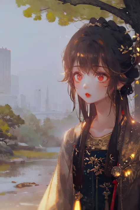 masterpiece, best quality, upper body, close-up, trees, ight rays, light particles, sparkle, glowing,
1girl, child, gradient hair, red eyes, hanfu, long hair, red lips, 
 <lora:shanzhagaoSomeSortOf_v1Epoch10:1>
