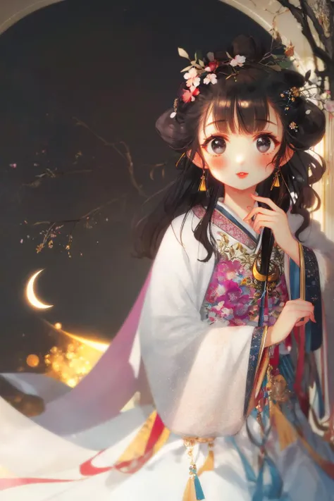 masterpiece, best quality BREAK extremely detailed, detailed background BREAK detailed face BREAK solo, black hair, black eyes, blush, [straight hair|wavy hair], (messy hair, fluffy hair, long hair:1.1), scenery, atmospheric lighting, light rays, bokeh, depth of field, sparkle, red lips, child, hanfu, branch, flower, jewelry, crescent moon, light smile, wide sleeves, glowing, <lora:Style_Shanzhagao:1>