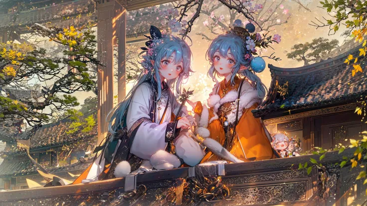 masterpiece, best quality, extremely detailed, detailed background, detailed face, 2girls, [light blue hair|blue hair|white hair], [white eyes|blue eyes], pointy ears, blush, [straight hair|wavy hair], (messy hair, fluffy hair, long hair:1.1), scenery, atmospheric lighting, light rays, bokeh, depth of field, sparkle, red lips, child, hanfu, branch, malus flower, jewelry, morning, light smile, wide sleeves, glowing, malus tree, spring, east asian architecture, malus blossoms, rooftop, sitting on rooftop, from side, smile, happy