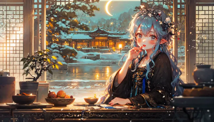 masterpiece, best quality, extremely detailed, detailed background, detailed face, 1girl, solo, [light blue hair|blue hair|white hair], [white eyes|blue eyes], pointy ears, blush, [straight hair|wavy hair], (messy hair, fluffy hair, long hair:1.1), scenery, atmospheric lighting, light rays, bokeh, depth of field, sparkle, red lips, child, hanfu, branch, flower, jewelry, crescent moon, light smile,  wide sleeves, glowing, snowing, tree, winter, table, outdoors, plant, sliding doors, east asian architecture, snow