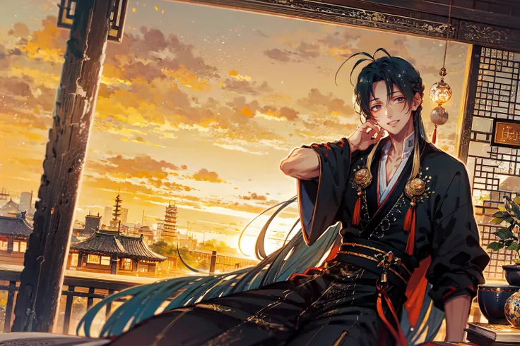 BREAK mksks style, detailed background, masterpiece, best quality, BREAK 1boy, solo, male focus, hanfu, chinese clothes, black hair, (very long hair, antenna hair:1.3), looking at viewer, smile, head tilt, outdoors, chinese architecture, east asian architecture, cloud, sky, sunset, <lora:dpep4-768-000004:0.6>, <lora:shanzhagaoSomeSortOf_v1Epoch10:1>