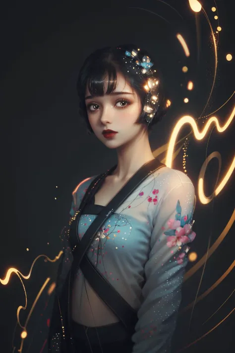 1girl, solo, lipstick, antiBlur, photography, looking at viewer, Abstract background, <lora:louise_brooks_lora:1>, <lora:shanzhagaoSomeSortOf_v1Epoch10:1>, masterpiece,best quality,extremely detailed,fine details,official art,unity 8k wallpaper,4K,8K,UHD, (upper body:1.5)