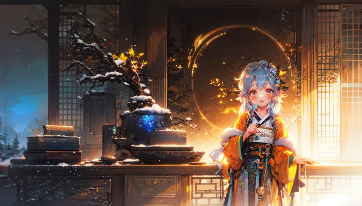 masterpiece, best quality, extremely detailed, detailed background, detailed face, 1girl, solo, [light blue hair|blue hair|white hair], [white eyes|blue eyes], pointy ears, blush, [straight hair|wavy hair], (messy hair, fluffy hair, long hair:1.1), scenery, atmospheric lighting, light rays, bokeh, depth of field, sparkle, red lips, child, hanfu, branch, flower, jewelry, crescent moon, light smile,  wide sleeves, glowing, snowing, tree, winter, table, outdoors, plant, sliding doors, east asian architecture, snow, light particles, standing