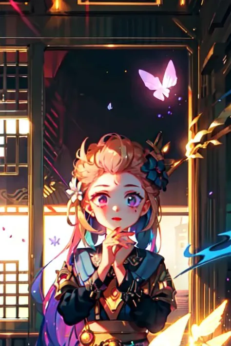 masterpiece, best quality, extremely detailed, detailed background, detailed face, hanfu, 1girl, chinese clothes, hair ornament, flower, long hair, solo, hair flower, window, lattice, from outside, long sleeves, black hair, hair bun, wide sleeves, petals, jewelry, pink flower, butterfly, branch, bug, earrings, looking at viewer, indoors, upper body, hands up, red lips, facial mark, makeup, glowing, light particles, light rays, atmospheric lighting,(disheveled hair),[orange hair:purple buttom hair:0.8],forehead,zoe,long hair,multicolored hair,(colored inner hair:1.1),(gradient hair:1.1), blue and purple  eyes,