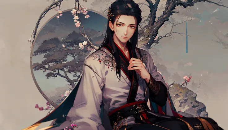 masterpiece, best quality, extremely detailed, detailed background, detailed face, hanfu, long hair, black hair, 1boy, chinese clothes, male focus, solo, sitting, branch, tree, long sleeves, robe, closed mouth, wide sleeves, flower