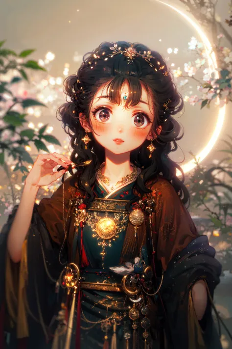 masterpiece, best quality, extremely detailed, detailed background, detailed face, 1girl, solo, black hair, black eyes, blush, [straight hair|wavy hair], (messy hair, fluffy hair, long hair:1.1), scenery, atmospheric lighting, light rays, bokeh, depth of field, sparkle, red lips, child, hanfu, branch, flower, jewelry, crescent moon, light smile, wide sleeves, glowing