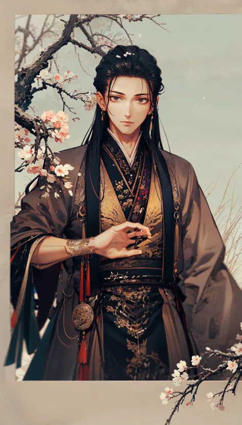 masterpiece, best quality, extremely detailed, detailed background, detailed face, hanfu, long hair, black hair, 1boy, chinese clothes, male focus, solo, branch, tree, long sleeves, robe, closed mouth, wide sleeves, flower