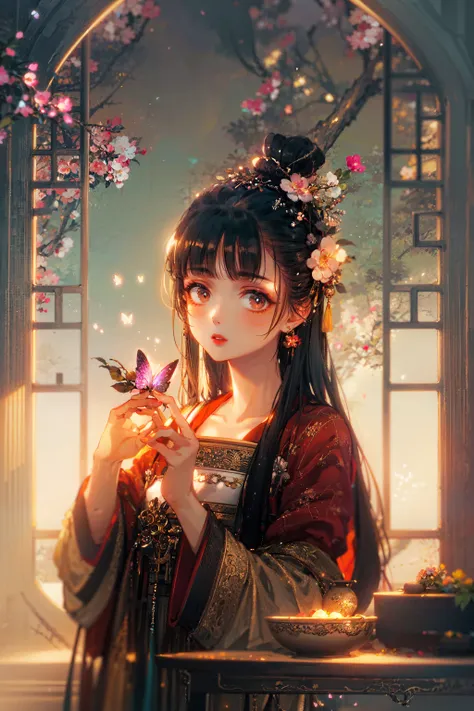 masterpiece, best quality, extremely detailed, detailed background, detailed face, hanfu, 1girl, chinese clothes, hair ornament, flower, long hair, solo, hair flower, window, lattice, from outside, long sleeves, black hair, hair bun, wide sleeves, petals, jewelry, pink flower, butterfly, branch, bug, earrings, looking at viewer, indoors, upper body, hands up, red lips, facial mark, makeup, glowing, light particles, light rays, atmospheric lighting