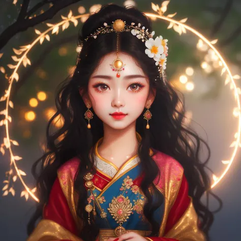 tzuyu,masterpiece, best quality, extremely detailed, detailed background, detailed face, 1girl, solo, black hair, black eyes, blush, [straight hair|wavy hair], (messy hair, fluffy hair, long hair:1.1), scenery, atmospheric lighting, light rays, bokeh, depth of field, sparkle, red lips, child, hanfu, branch, flower, jewelry, crescent moon, light smile, wide sleeves, glowing <lora:shanzhagaoSomeSortOf_v1Epoch10:0.7>, (8k, best quality, masterpiece:1.0),(best quality:1.0), (ultra highres:1.0)