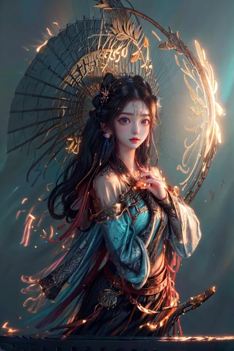 (Absurdres:1.2), beautiful and aesthetic, masterpiece, best quality, extremely detailed,
photo realistic:1.4 , delicate pattern, (intricate detail,extremely intricate:1.2),
(masterpiece:1.2, best quality), (highly detailed:1.3), realistic, realistic details, detailed, <lora:more_details:0.6>,
------
<lora:tiaraaurellie_v3:0.3>, <lora:girlfriendmixV1_v20:0.4>, <lora:yurisa chan_20230623045200:0.2>
(pureerosface_v1:0.5) , (ulzzang-6500-v1.1), (idol),
<lyco:fitgirl_v10:0.6>, fit, narrow waist,
<lyco:GoodHands-beta2:1.0> nice hands, perfect hands
Exquisite Makeup, Realistic Skin, beautiful detailed eyes, symmetric eyes,
------
1girl, umbrella, absurdly long hair, large breasts,
portrait, solo, half shot, looking at viewer, detailed background, detailed face, (<lora:GlowingRunesAIV3:0.6>, GlowingRunesAI_paleblue, glowing runes theme:1.1), rune-wizard, runic symbols on clothes, flowing robes, staff, runic scripture, casting spell, (style-swirlmagic:0.8), tribal runes, mystic aura, rune symbols in background, backlighting, magic lighting, cinematic atmosphere, ,
<lora:shanzhagaoSomeSortOf_v1Epoch10:1> child, HANFU, RED LIPS, LIGHT RAYS, EAST ASIAN ARCHITECTURE,
detailed background, chinese clothes, hair ornament, flower, hair flower, window, lattice, holding, from outside, long sleeves, black hair, hair bun, wide sleeves, petals, jewelry, pink flower, butterfly, branch, bug, earrings, looking at viewer, upper body, hands up, facial mark, makeup, glowing, light particles, atmospheric lighting