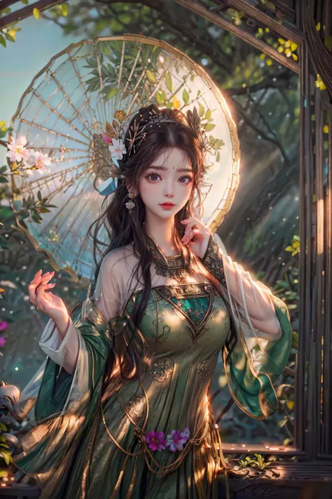 (Absurdres:1.2), beautiful and aesthetic, masterpiece, best quality, extremely detailed,
photo realistic:1.4 , delicate pattern, (intricate detail,extremely intricate:1.2),
(masterpiece:1.2, best quality), (highly detailed:1.3), realistic, realistic details, detailed, <lora:more_details:0.6>,
------
<lora:tiaraaurellie_v3:0.3>, <lora:girlfriendmixV1_v20:0.4>, <lora:yurisa chan_20230623045200:0.2>
(pureerosface_v1:0.5) , (ulzzang-6500-v1.1), (idol),
<lyco:fitgirl_v10:0.6>, fit, narrow waist,
<lyco:GoodHands-beta2:1.0> nice hands, perfect hands
Exquisite Makeup, Realistic Skin, beautiful detailed eyes, symmetric eyes,
------
1girl, umbrella, absurdly long hair, large breasts,
character focus, portrait, solo, half shot, looking up, detailed background, detailed face, (<lora:DruidMagicAI:0.5>, DruidMagicAI, druidic theme:1.1), focusing, botanist, planters, potted plants, colorful plants, greenhouse effect, magic, healing magic, seeds, ferns, science, botanical garden in background, sunshine, magical atmosphere,,
<lora:shanzhagaoSomeSortOf_v1Epoch10:1> child, HANFU, RED LIPS, LIGHT RAYS, EAST ASIAN ARCHITECTURE,
detailed background, chinese clothes, hair ornament, flower, hair flower, window, lattice, holding, from outside, long sleeves, black hair, hair bun, wide sleeves, petals, jewelry, pink flower, butterfly, branch, bug, earrings, looking at viewer, upper body, hands up, facial mark, makeup, glowing, light particles, atmospheric lighting