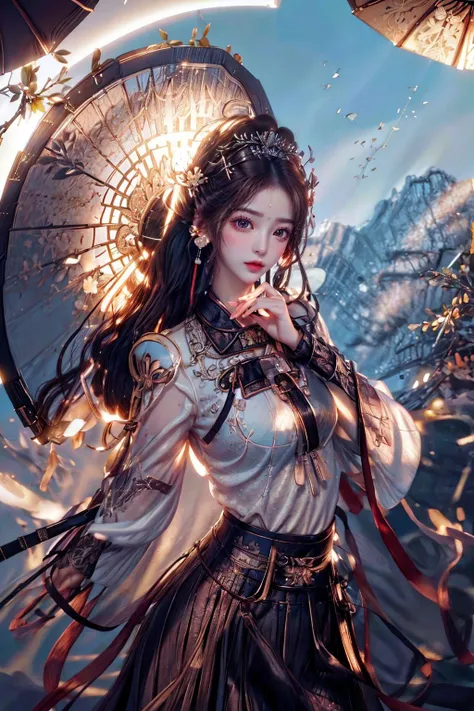 (Absurdres:1.2), beautiful and aesthetic, masterpiece, best quality, extremely detailed,
photo realistic:1.4 , delicate pattern, (intricate detail,extremely intricate:1.2),
(masterpiece:1.2, best quality), (highly detailed:1.3), realistic, realistic details, detailed, <lora:more_details:0.6>,
------
<lora:tiaraaurellie_v3:0.3>, <lora:girlfriendmixV1_v20:0.4>, <lora:yurisa chan_20230623045200:0.2>
(pureerosface_v1:0.5) , (ulzzang-6500-v1.1), (idol),
<lyco:fitgirl_v10:0.6>, fit, narrow waist,
<lyco:GoodHands-beta2:1.0> nice hands, perfect hands
Exquisite Makeup, Realistic Skin, beautiful detailed eyes, symmetric eyes,
------
1girl, umbrella, absurdly long hair, large breasts,
portrait, (bloody scars:0.7), looking at viewer, solo, (full body:0.6), detailed background, (<lora:SamuraiPunkAIv3:0.6>, SamuraiPunkAI theme:1.1), bloodthirsty expression, mercenary, hovering in air, bright clouds, floating scraps, fighting stance, light blue leather armor, divine blessing, bright realistic lighting, bloody battlefield, crown of light above head, hair blowing in wind,,
<lora:shanzhagaoSomeSortOf_v1Epoch10:1> child, HANFU, RED LIPS, LIGHT RAYS, EAST ASIAN ARCHITECTURE,
detailed background, chinese clothes, hair ornament, flower, hair flower, window, lattice, holding, from outside, long sleeves, black hair, hair bun, wide sleeves, petals, jewelry, pink flower, butterfly, branch, bug, earrings, looking at viewer, upper body, hands up, facial mark, makeup, glowing, light particles, atmospheric lighting