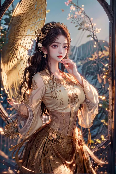 (Absurdres:1.2), beautiful and aesthetic, masterpiece, best quality, extremely detailed,
photo realistic:1.4 , delicate pattern, (intricate detail,extremely intricate:1.2),
(masterpiece:1.2, best quality), (highly detailed:1.3), realistic, realistic details, detailed, <lora:more_details:0.6>,
------
<lora:tiaraaurellie_v3:0.3>, <lora:girlfriendmixV1_v20:0.4>, <lora:yurisa chan_20230623045200:0.2>
(pureerosface_v1:0.5) , (ulzzang-6500-v1.1), (idol),
<lyco:fitgirl_v10:0.6>, fit, narrow waist,
<lyco:GoodHands-beta2:1.0> nice hands, perfect hands
Exquisite Makeup, Realistic Skin, beautiful detailed eyes, symmetric eyes,
------
1girl, umbrella, absurdly long hair, large breasts,
portrait, looking at viewer, solo, upper body, detailed background, (<lyco:FiveDecorsAIx3:0.4>, ivorygoldai, ivory-gold theme:1.1), bloodthirsty expression, mercenary, hovering in air, dim lighting, floating scraps, black leather armor, divine ray of light, bright realistic lighting, abandoned ruins, hood, brazier, hair blowing in wind,,
<lora:shanzhagaoSomeSortOf_v1Epoch10:1> child, HANFU, RED LIPS, LIGHT RAYS, EAST ASIAN ARCHITECTURE,
detailed background, chinese clothes, hair ornament, flower, hair flower, window, lattice, holding, from outside, long sleeves, black hair, hair bun, wide sleeves, petals, jewelry, pink flower, butterfly, branch, bug, earrings, looking at viewer, upper body, hands up, facial mark, makeup, glowing, light particles, atmospheric lighting