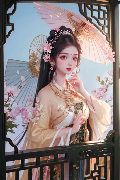 1girl, umbrella, absurdly long hair, large breasts,
<lora:shanzhagaoSomeSortOf_v1Epoch10:1> child, HANFU, RED LIPS, LIGHT RAYS, EAST ASIAN ARCHITECTURE,
detailed background, chinese clothes, hair ornament, flower, hair flower, window, lattice,from outside, long sleeves, black hair, hair bun, wide sleeves, petals, jewelry, pink flower, butterfly, branch, bug, earrings, looking at viewer, upper body, hands up, facial mark, makeup, glowing, light particles, atmospheric lighting