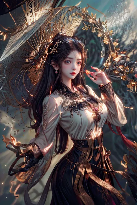 (Absurdres:1.2), beautiful and aesthetic, masterpiece, best quality, extremely detailed,
photo realistic:1.4 , delicate pattern, (intricate detail,extremely intricate:1.2),
(masterpiece:1.2, best quality), (highly detailed:1.3), realistic, realistic details, detailed, <lora:more_details:0.6>,
------
<lora:tiaraaurellie_v3:0.3>, <lora:girlfriendmixV1_v20:0.4>, <lora:yurisa chan_20230623045200:0.2>
(pureerosface_v1:0.5) , (ulzzang-6500-v1.1), (idol),
<lyco:fitgirl_v10:0.6>, fit, narrow waist,
<lyco:GoodHands-beta2:1.0> nice hands, perfect hands
Exquisite Makeup, Realistic Skin, beautiful detailed eyes, symmetric eyes,
------
1girl, umbrella, absurdly long hair, large breasts,
character focus, portrait, looking down, solo, half shot, detailed background, detailed face, (<lora:VampiricTech:0.6>, vamptech ,vampiric theme:1.1) holy messiah, veiled, red pentagram symbols, circlet, casting spell, symmetrical composition, temple, altar, divine aura, religious icons, incense, (hovering candles:0.8), floating particles, swirling lights emanating, chalice, petals, medieval high fantasy style, reflections, holy fire, updraft,,
<lora:shanzhagaoSomeSortOf_v1Epoch10:1> child, HANFU, RED LIPS, LIGHT RAYS, EAST ASIAN ARCHITECTURE,
detailed background, chinese clothes, hair ornament, flower, hair flower, window, lattice, holding, from outside, long sleeves, black hair, hair bun, wide sleeves, petals, jewelry, pink flower, butterfly, branch, bug, earrings, looking at viewer, upper body, hands up, facial mark, makeup, glowing, light particles, atmospheric lighting